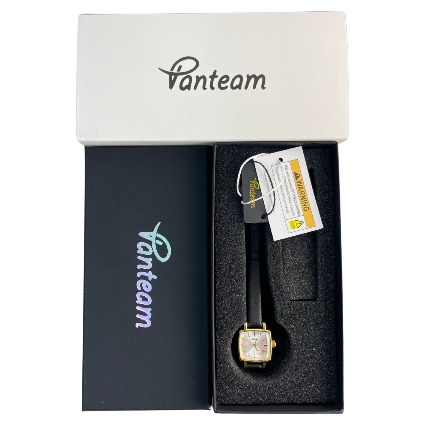 Vanteam Women Luxury Square Watch Genuine Leather Strap Small Retro Quartz Wristwatch Elegant Black&Gold Design Perfect